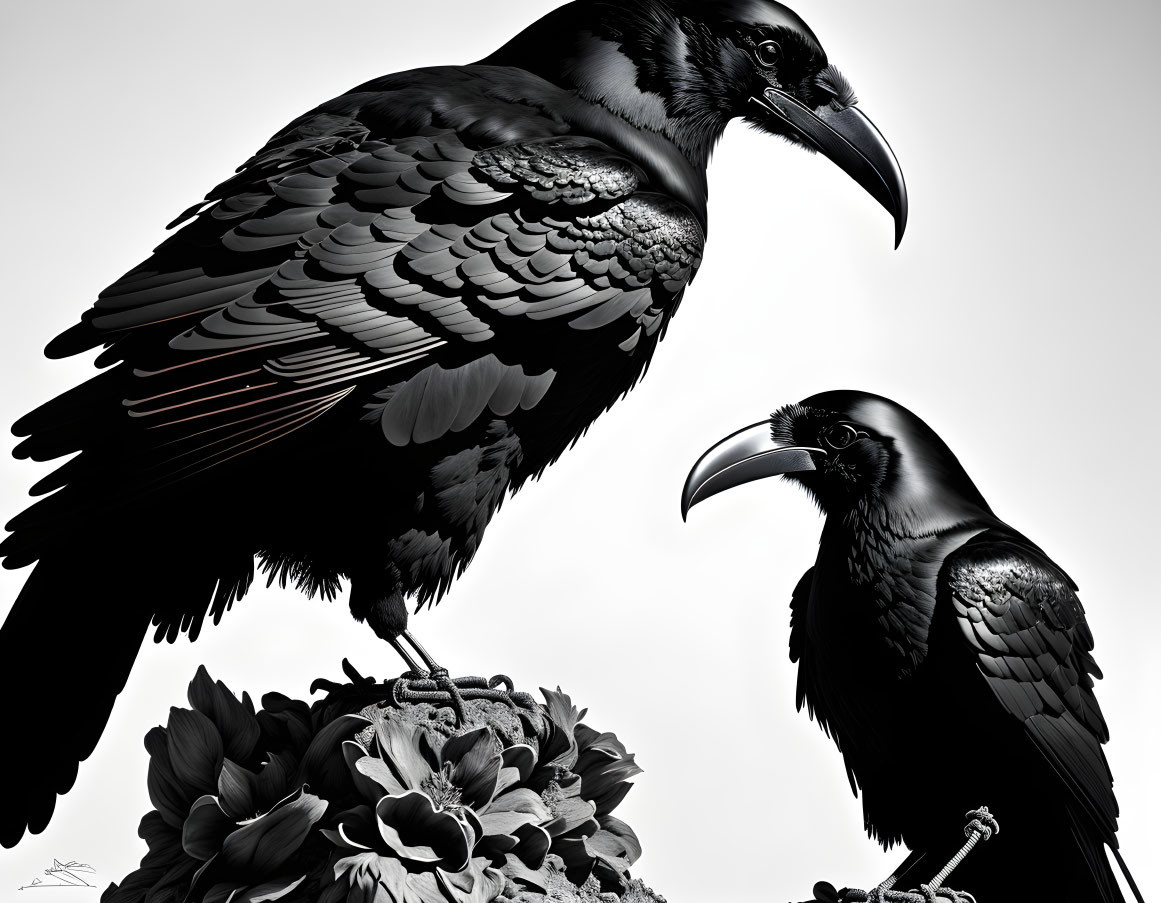 Detailed Plumage and Strong Beaks of Two Perched Ravens