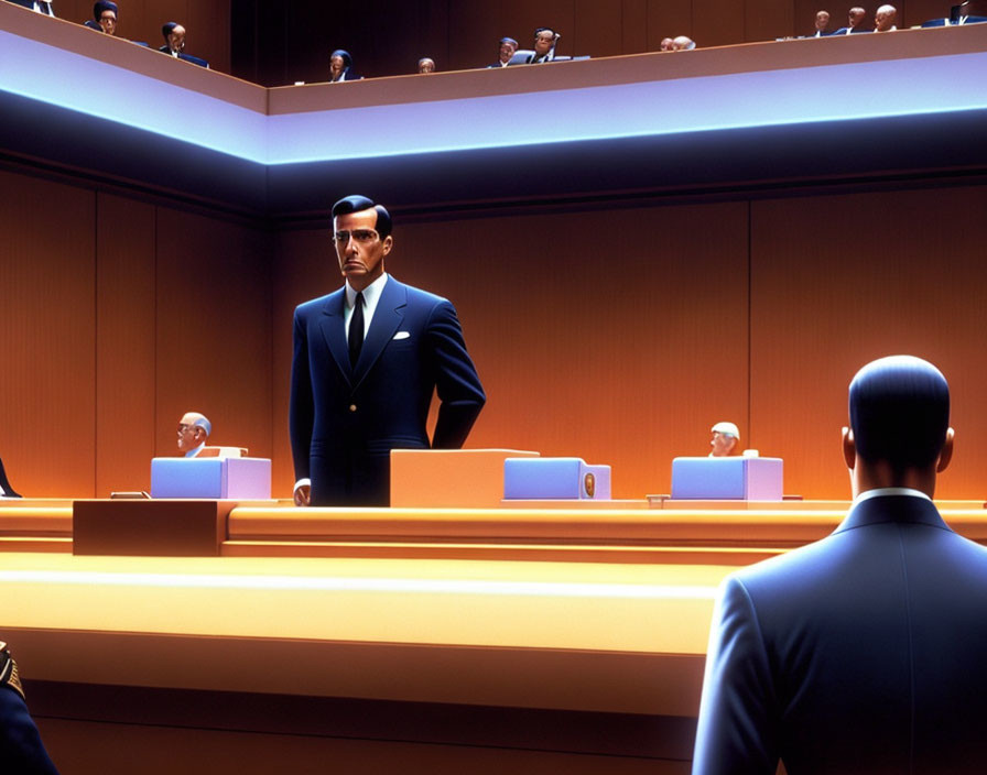 Animated Courtroom Scene with Stern Man and Judges