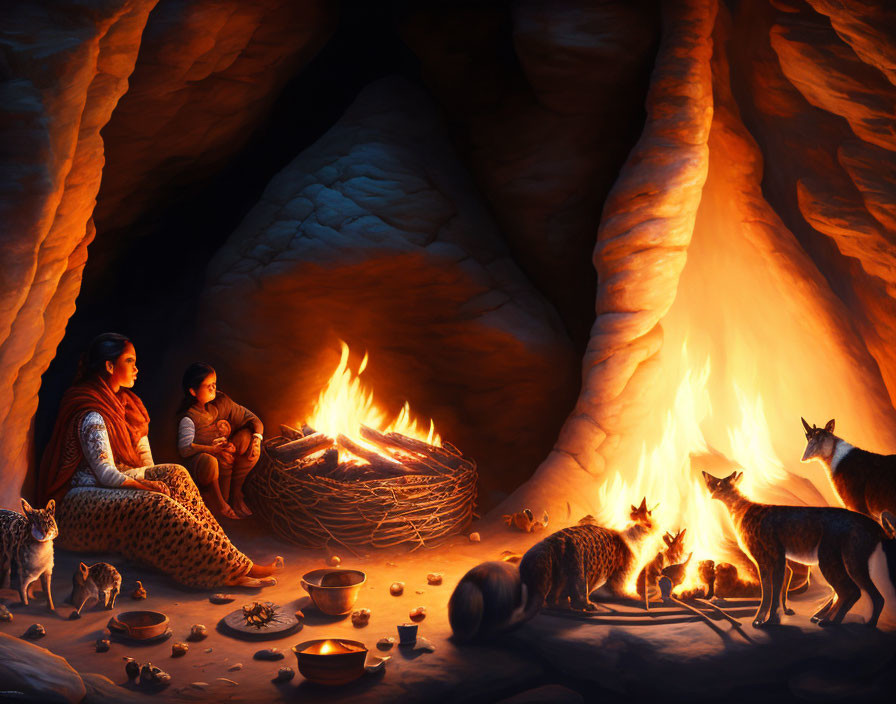 Woman and child with foxes in cave by campfire.