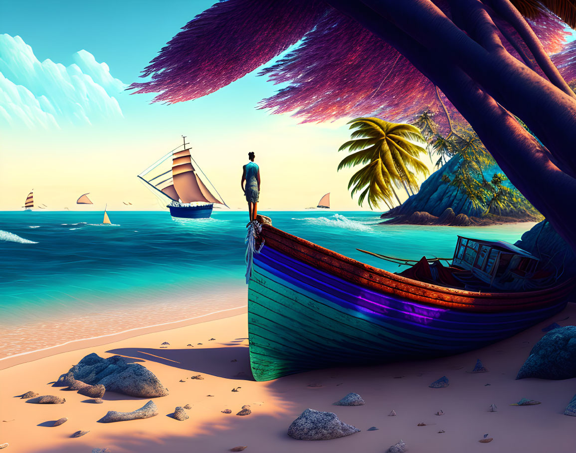 Colorful boat on beach with sailing ships and tropical island under blue sky