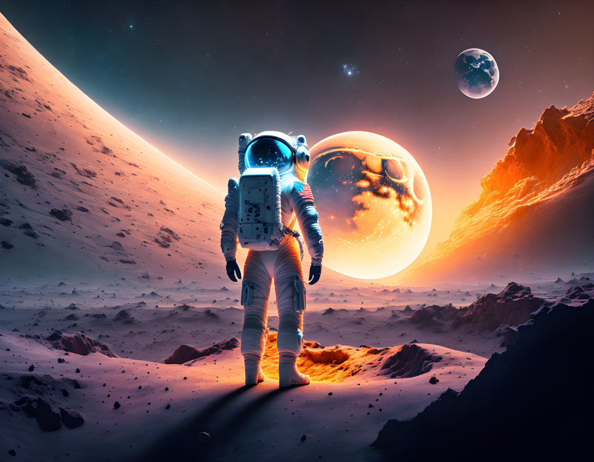 Astronaut on rocky alien surface gazes at ringed planet and moon under starlit sky