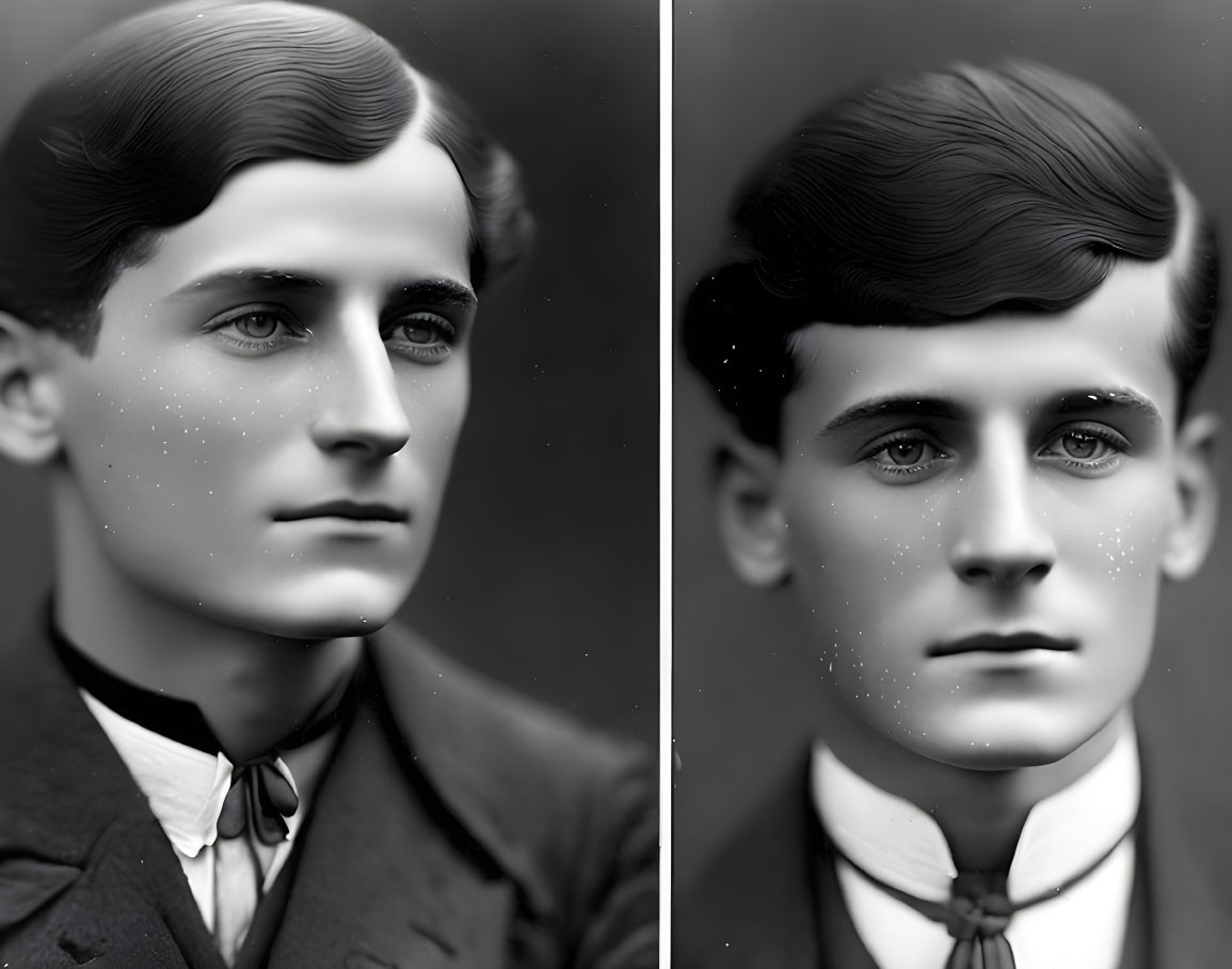 Side-by-side black and white photos: Young man with neat hair and bow tie