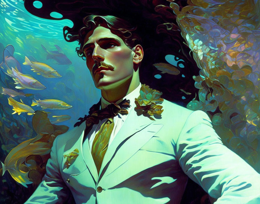 Colorful underwater scene with man in white suit and fish