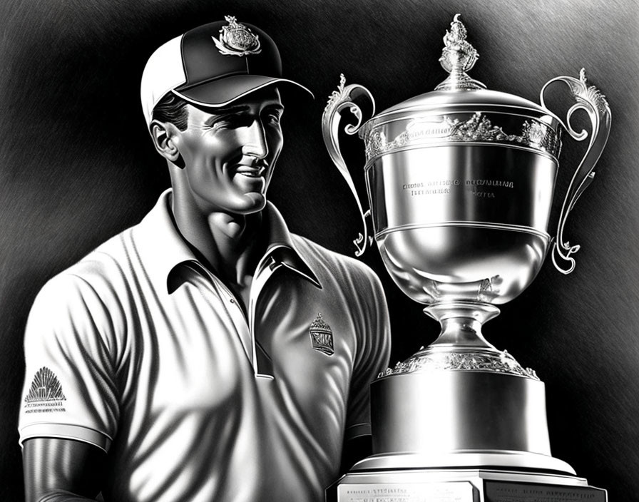 Smiling man in cap and polo shirt with ornate trophy