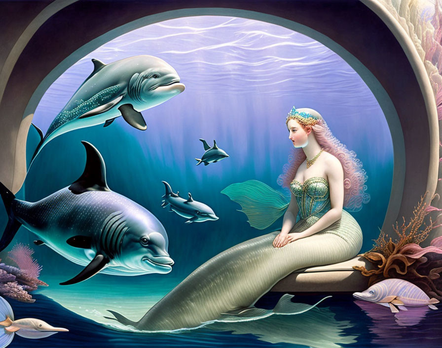 Mermaid surrounded by dolphins, fish, and coral in circular underwater scene