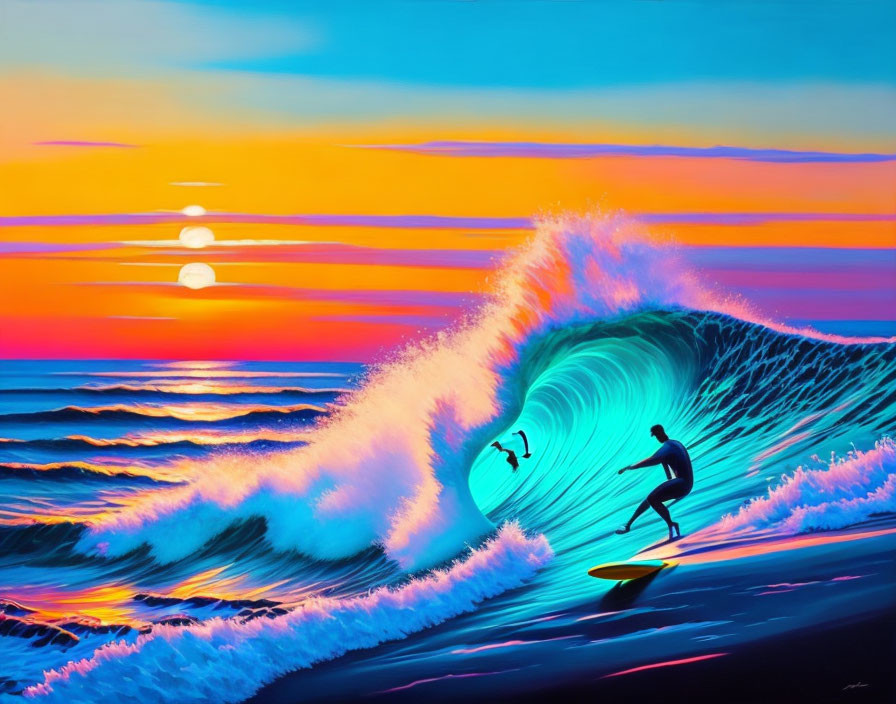 Colorful artwork: Surfer riding large wave under triple sun in gradient sky