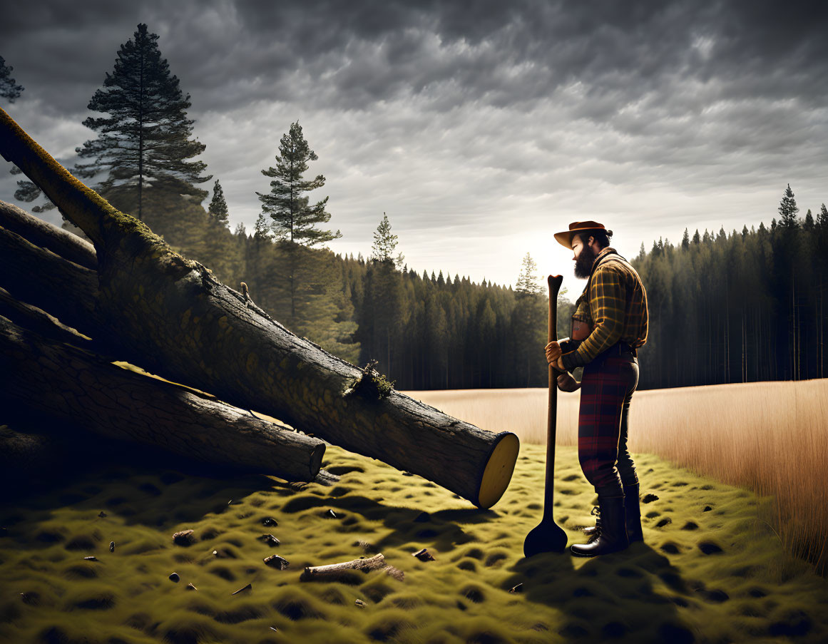 Person in hat with shovel by fallen tree in forest clearing at dusk