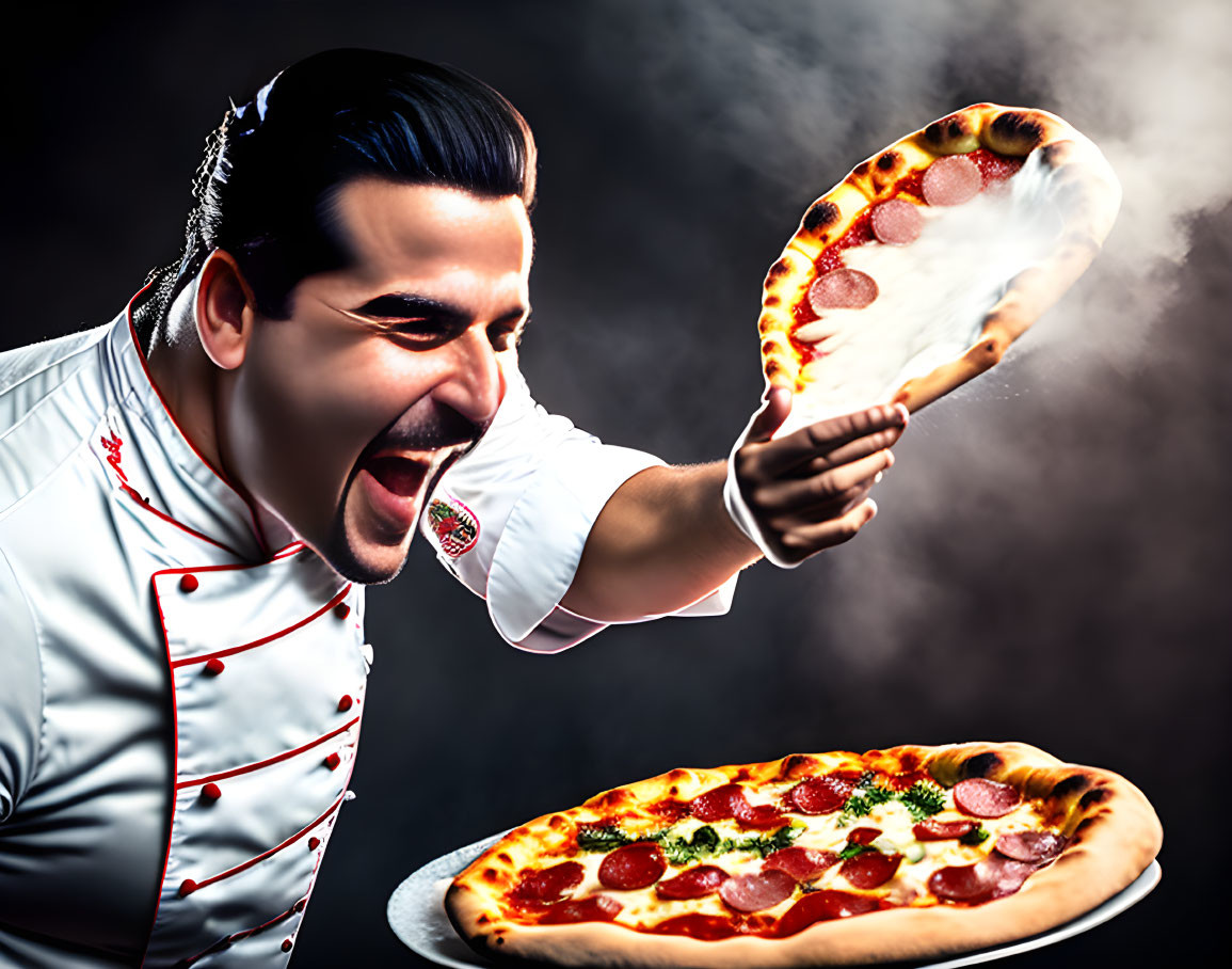 Chef tossing pepperoni pizza with another on table in smoky setting