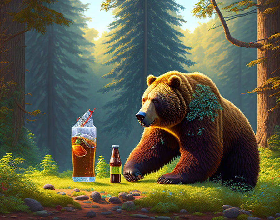 Bear with Soda Bottle in Sunlit Forest Clearing