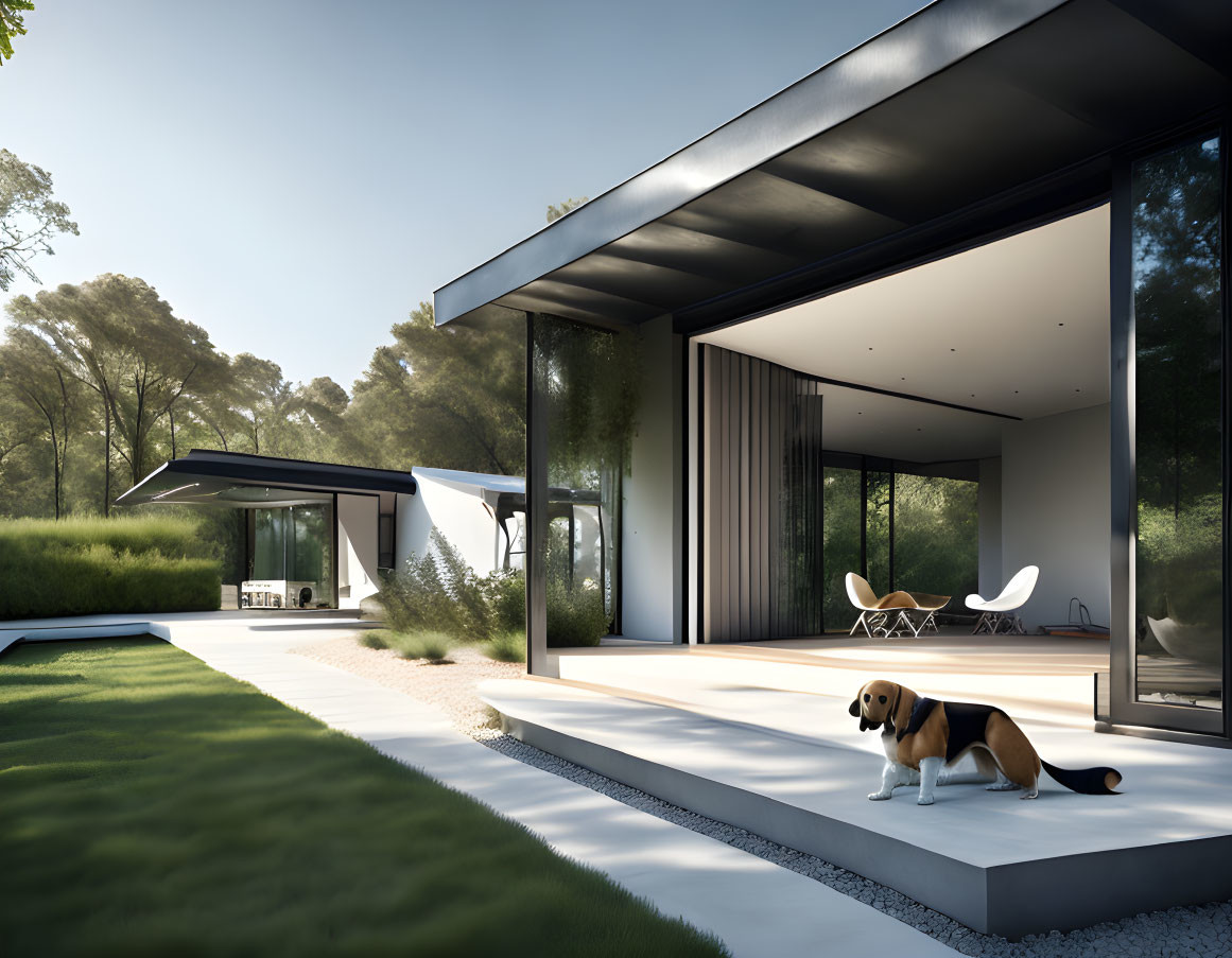 Spacious modern house with large windows, flat roof, and tree surroundings. Dog on patio with outdoor