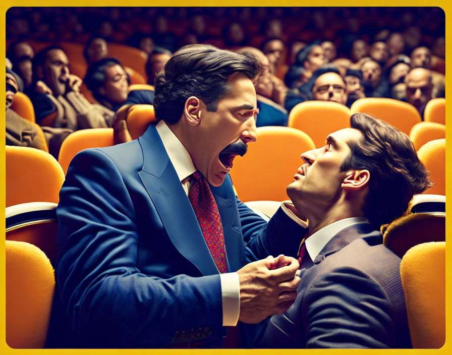 Men in suits confront in filled auditorium