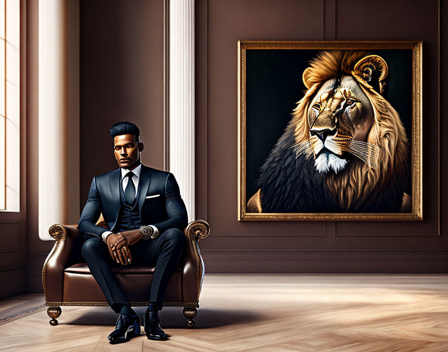 Confident man in sharp suit next to lion painting in elegant room