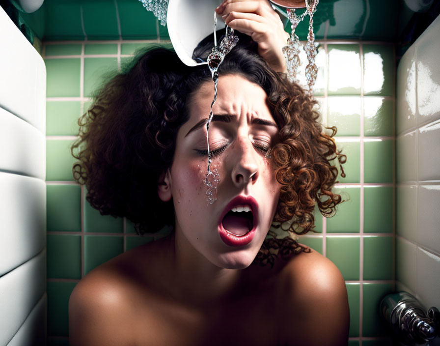 Curly-Haired Woman Grimacing in Bathtub with Green Tiles