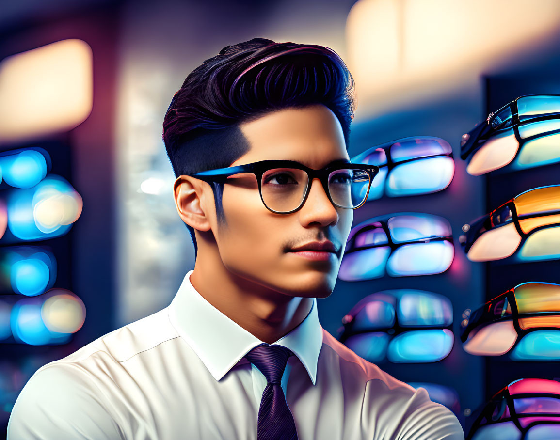 Fashionable man with modern haircut, glasses, white shirt, tie, in front of colorful eyewear