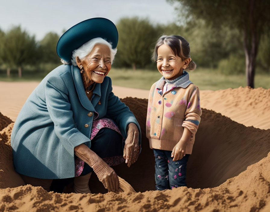 Elderly woman and young girl enjoy playful moment in sandbox