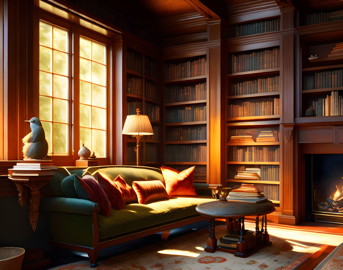 Inviting library room with green sofa, fireplace, bookshelves, parrot statue, and sunlight