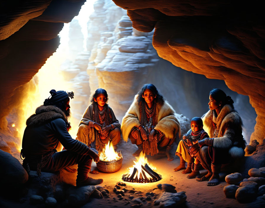 Traditional Attire Group Sitting Around Fire in Cave