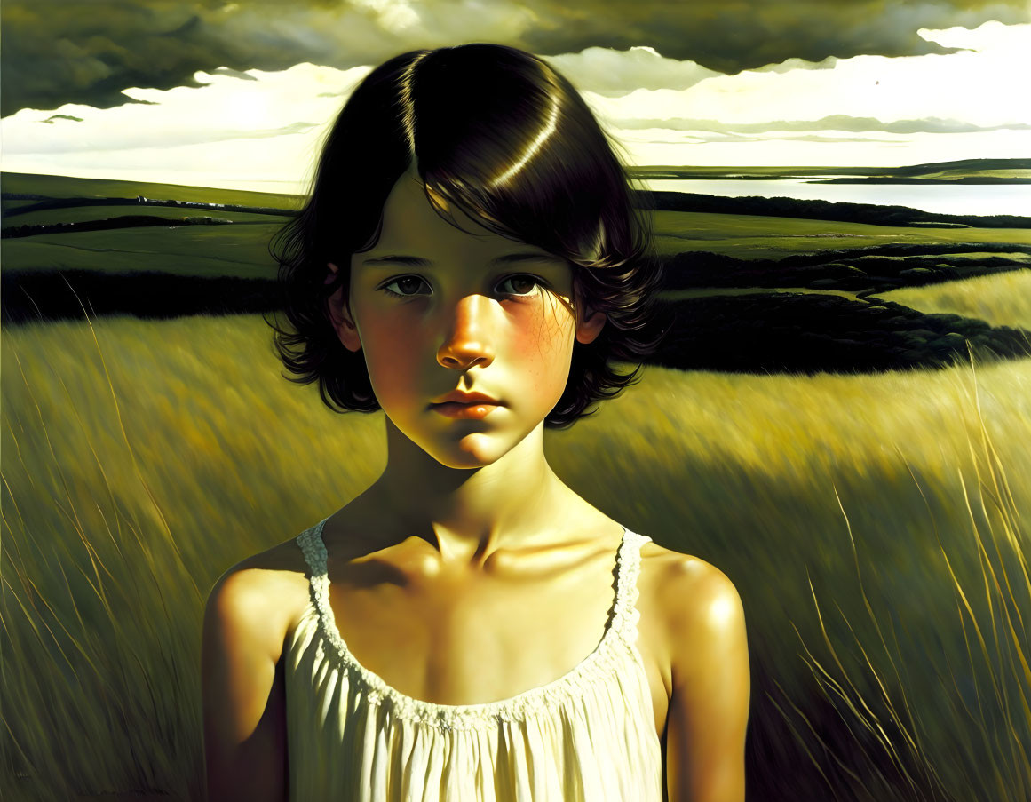 Dark-haired young girl gazing in golden field with water and dramatic sky