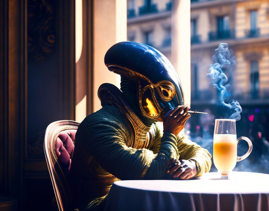 Vintage diving helmet person enjoys drink and pipe at cafe table