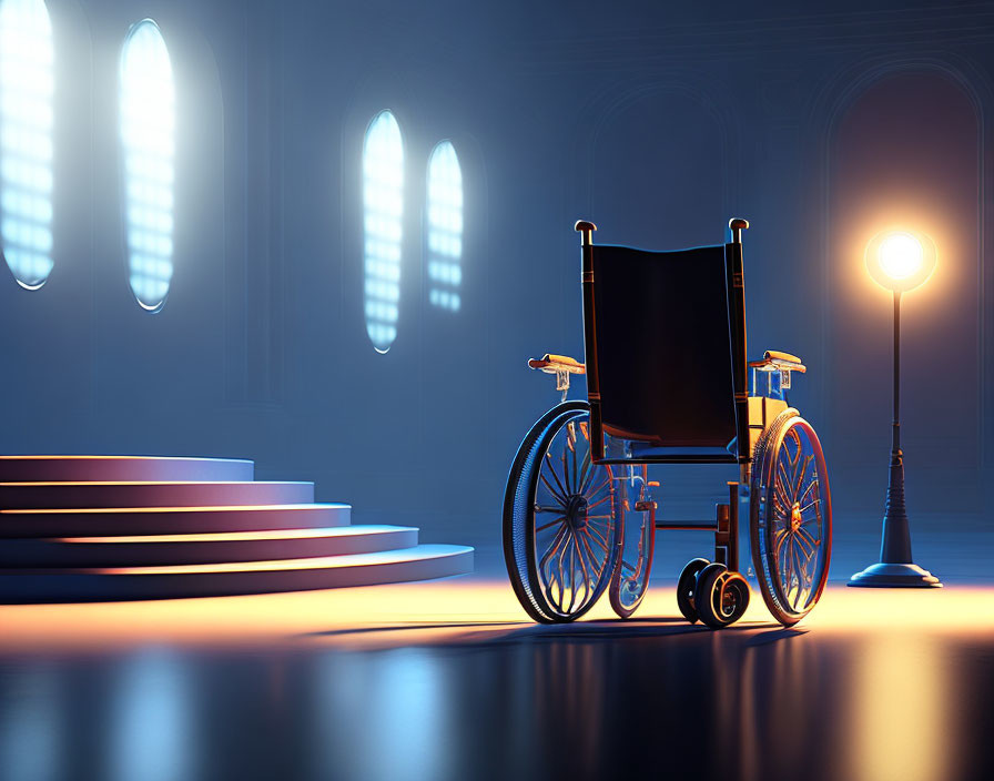 Empty wheelchair in spacious room with blue lighting near stairs and floor lamp symbolizes solitude.