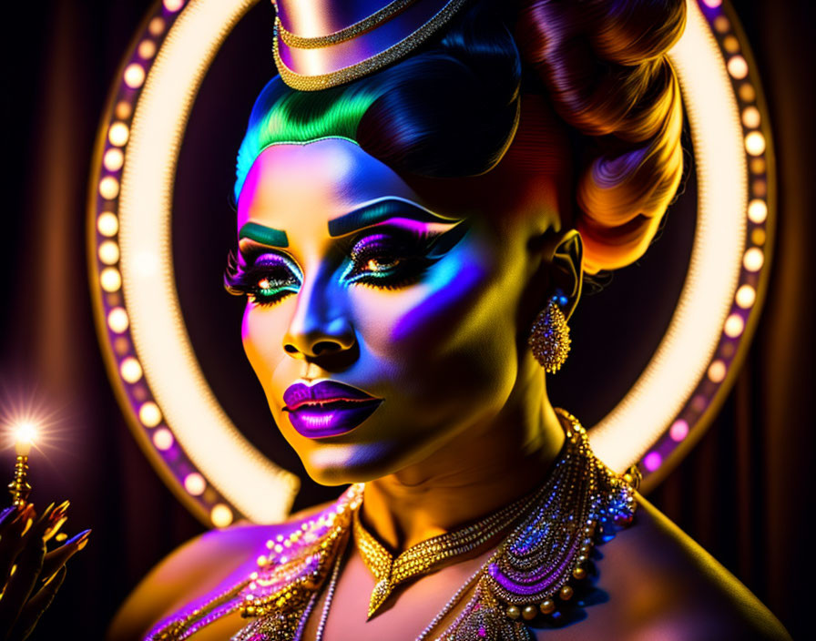 Vibrant portrait of stylized woman with dramatic makeup and hair