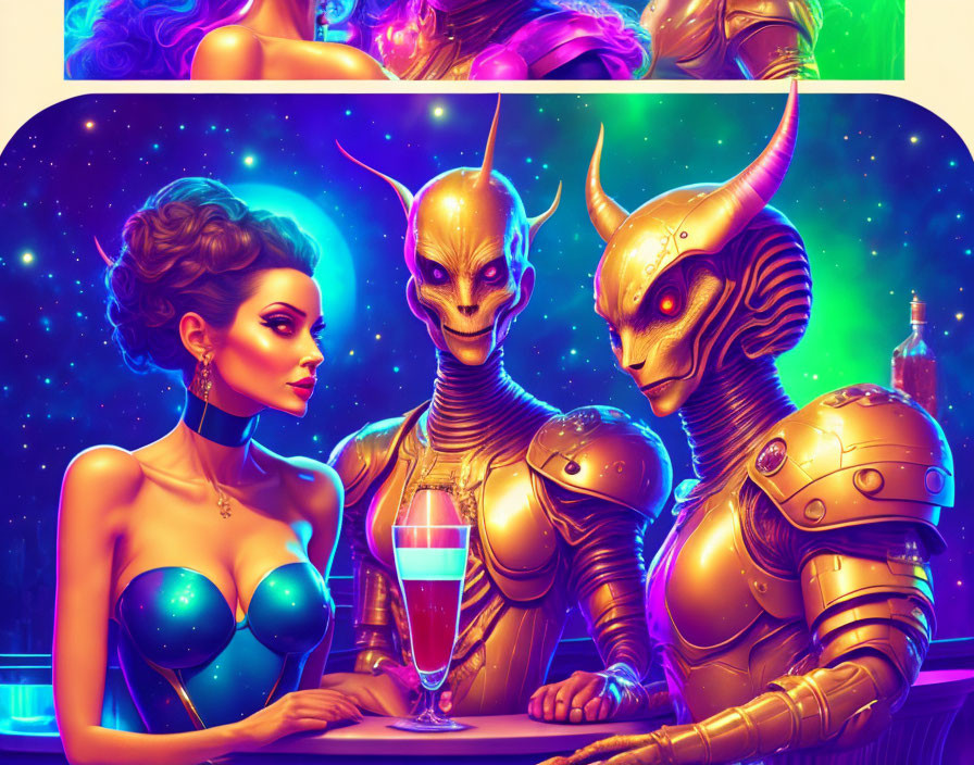 Vibrant cosmic bar scene with human woman and alien characters