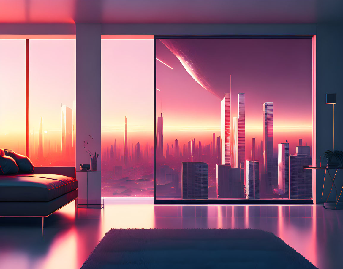 Contemporary room with large window showcasing futuristic cityscape at sunset