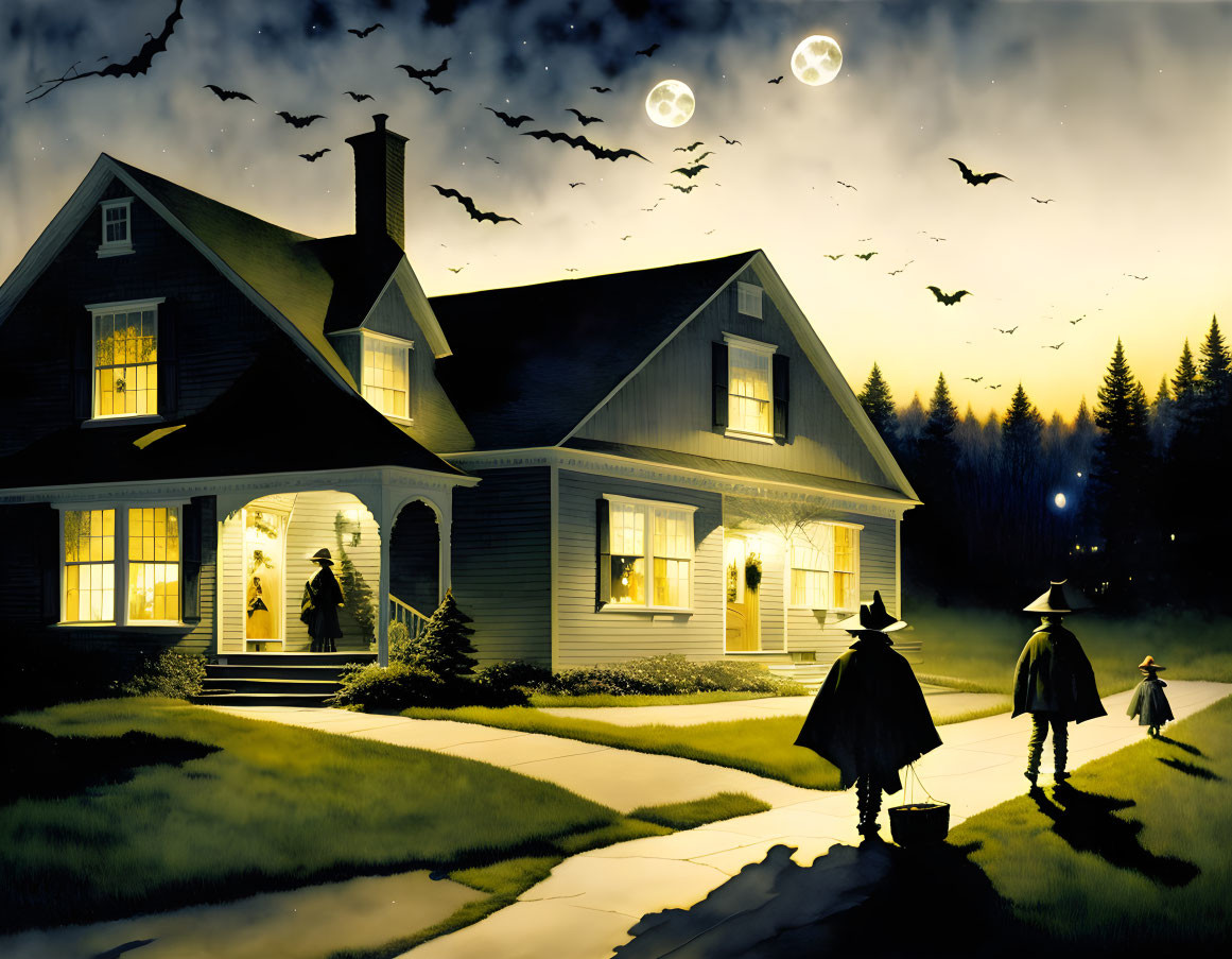 House at night with warm light, silhouettes, children in costumes, bats, and double full