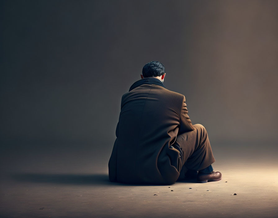 Man in Brown Suit Sitting in Contemplation on Grey Background