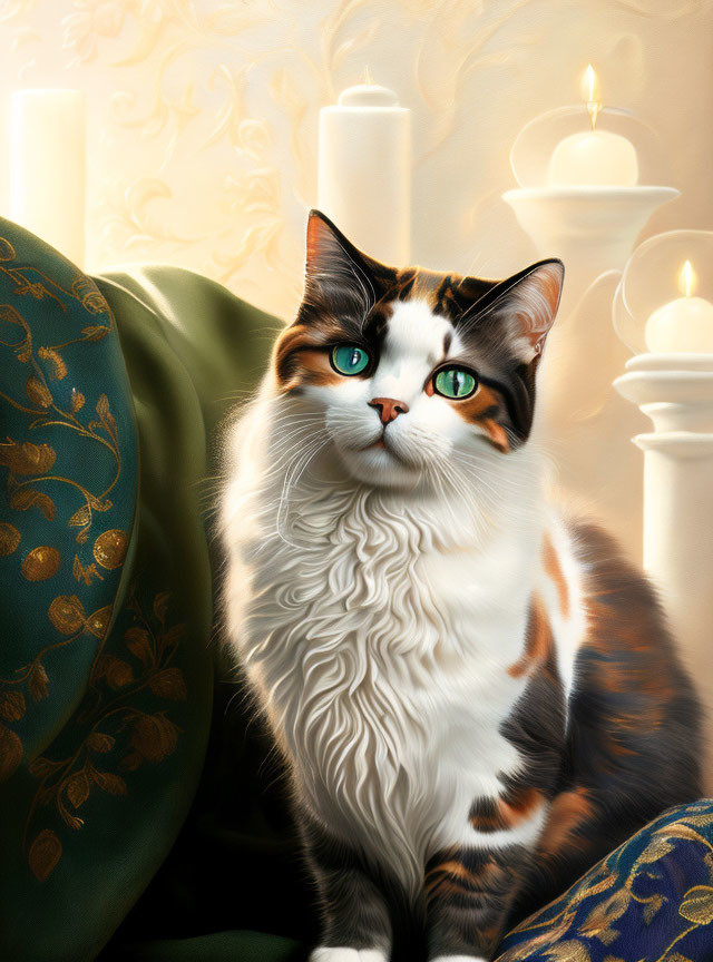 Multicolored Long-Haired Cat with Green Eyes Next to White Candles and Golden Patterns