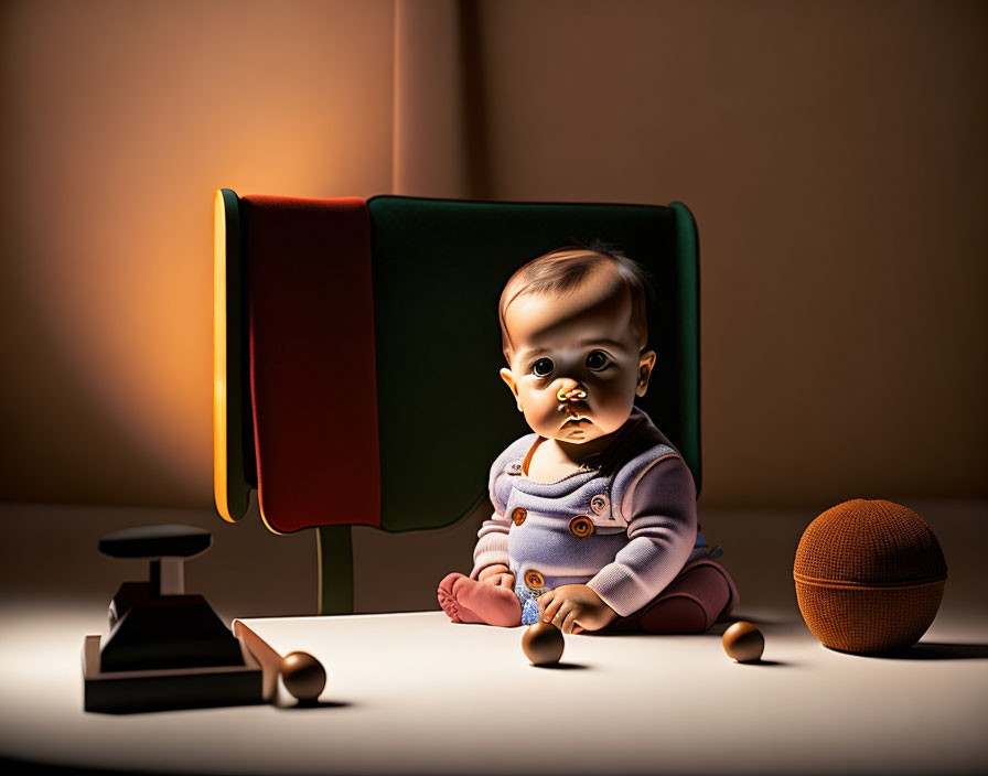 Baby with vintage phone, book, and basketball on table under dramatic lighting