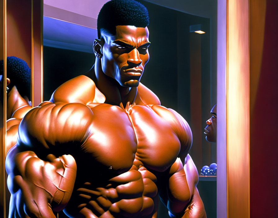 Muscular man illustration with exaggerated proportions and mirror reflection in red and purple hues