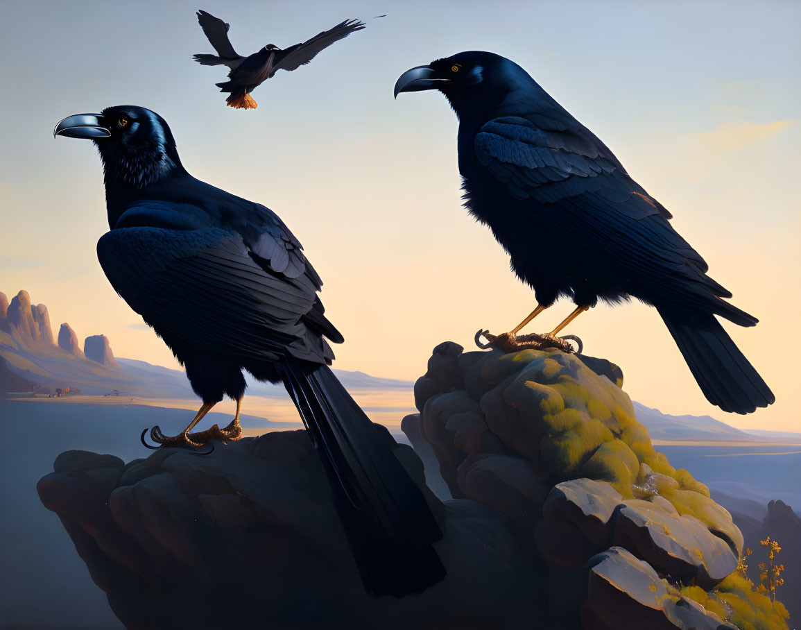 Three ravens in desert landscape under warm sunlight