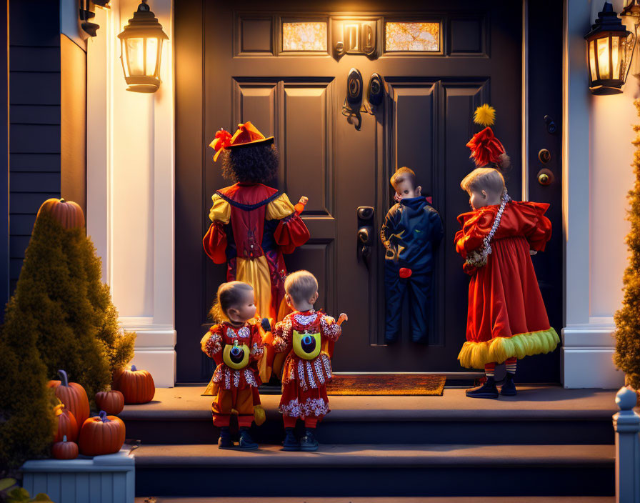 Colorful Halloween Costumed Children on Porch with Pumpkins