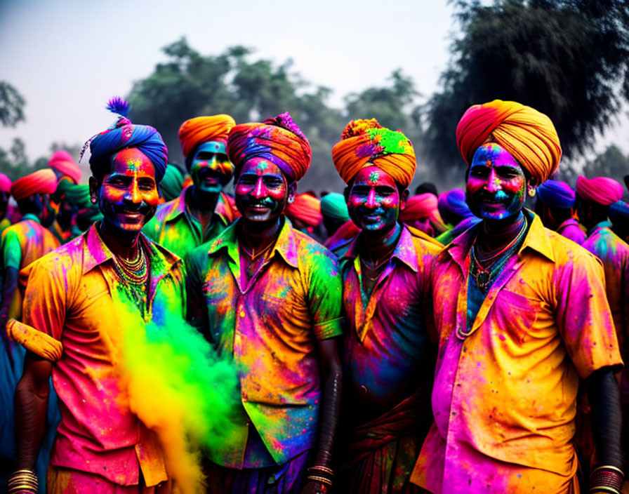 Men in colorful turbans smiling at Holi festival