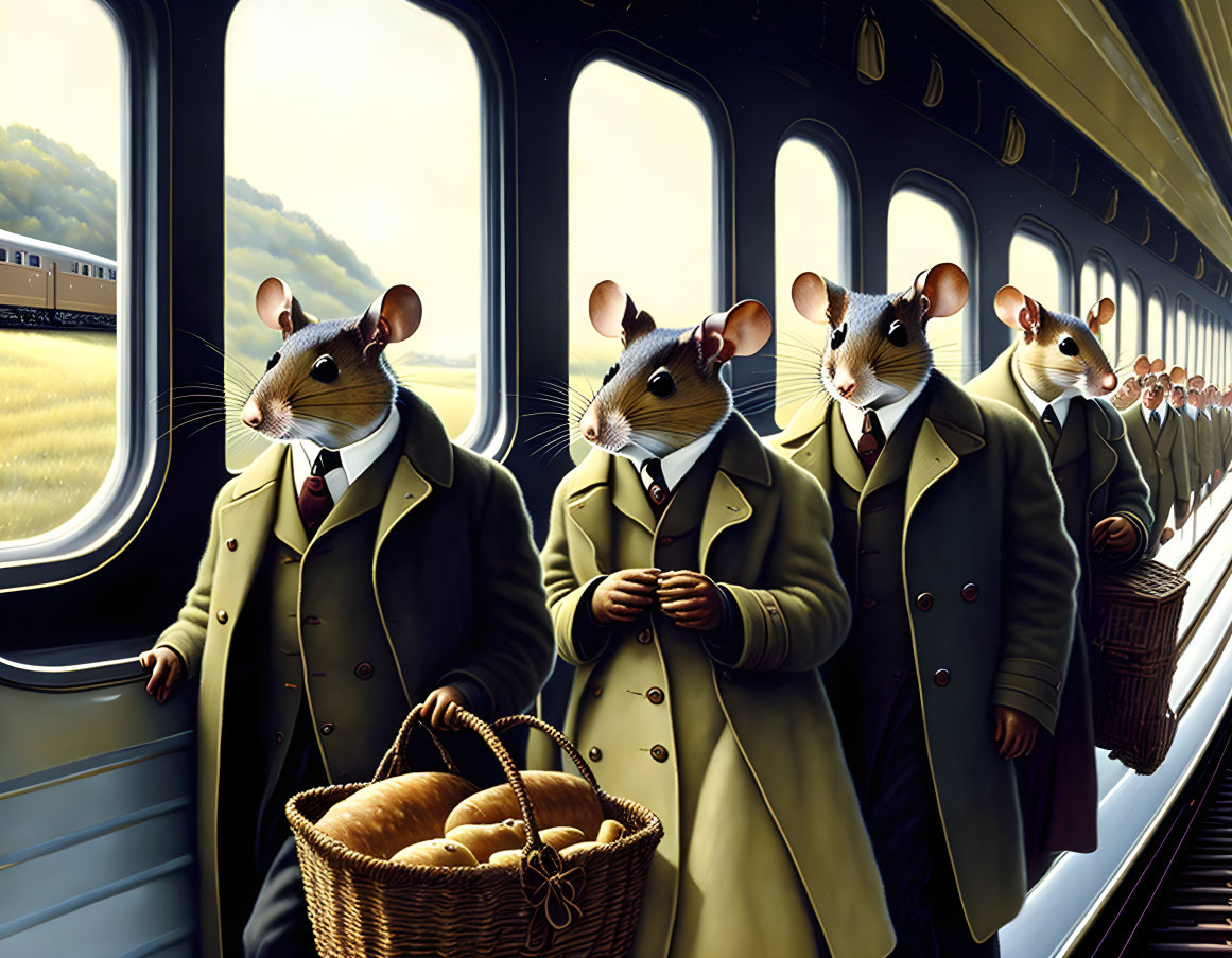 Anthropomorphic rats in suits commuting on train with countryside views.