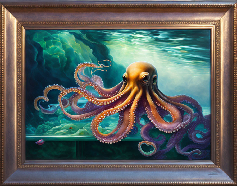 Intricate patterned octopus in classic wooden frame against deep sea backdrop