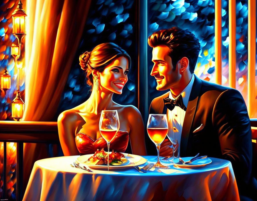 Illustrated romantic couple dining by window at twilight