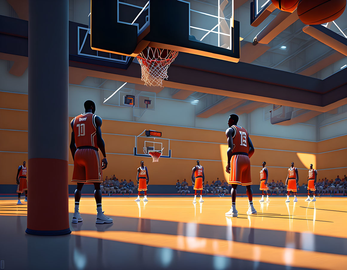 Basketball Players in Orange Uniforms on Indoor Court with Spectators