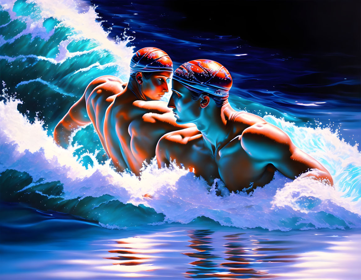 Swimmers Embraced in Blue Wave on Dark Background