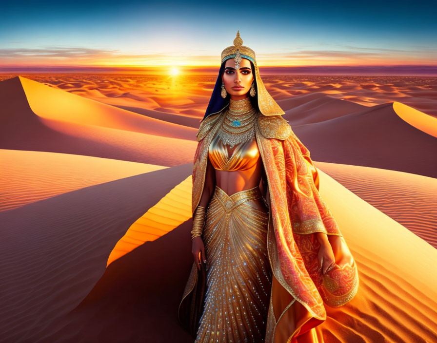 Woman in ornate traditional attire amidst desert dunes at sunset