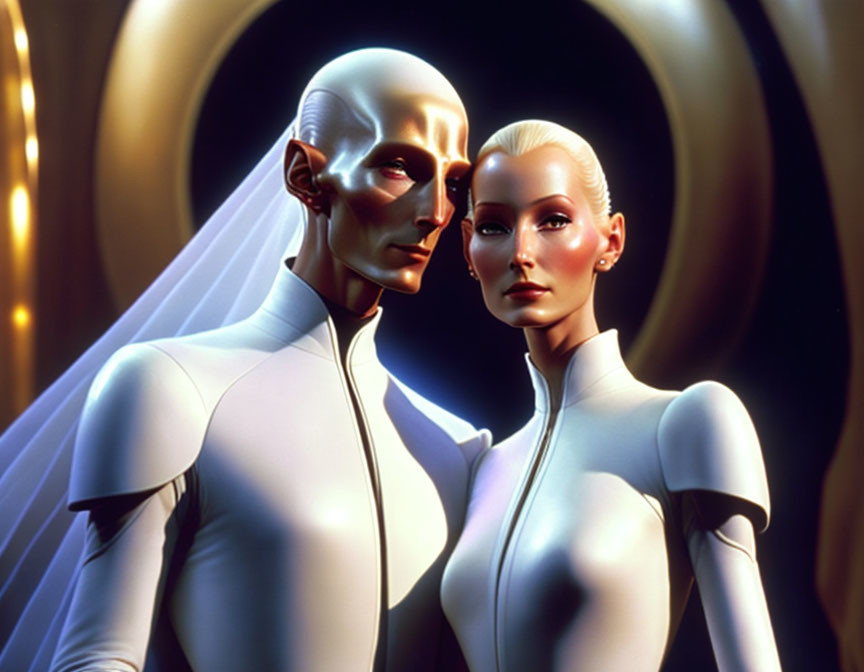 Stylized human-like figures in white garments against golden backdrop