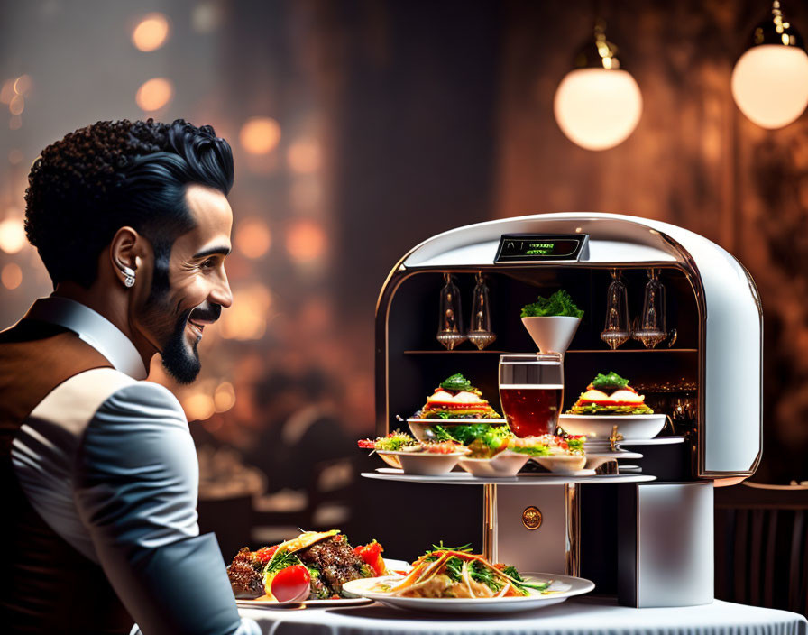 Smiling man in formal attire at luxurious dining table with gourmet dishes