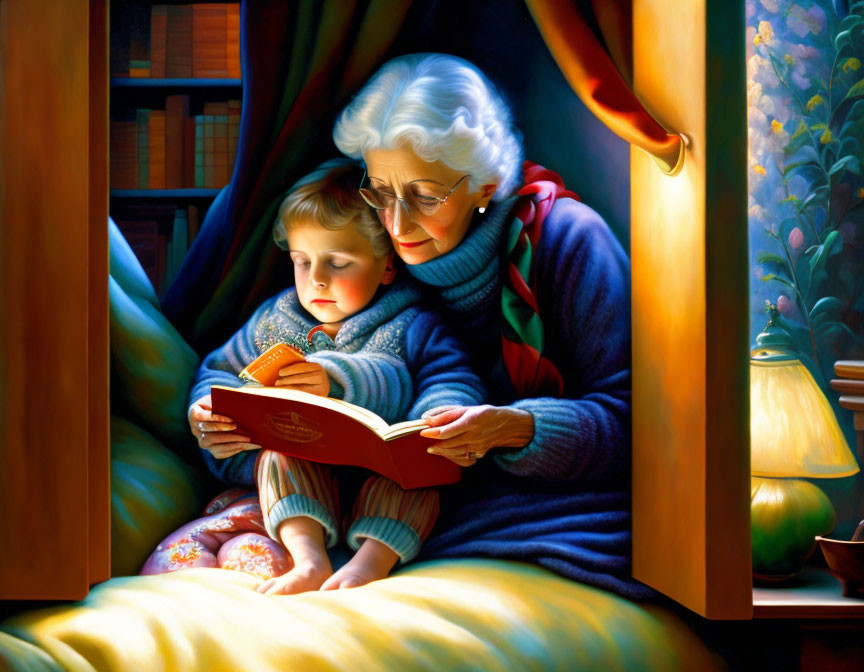 Grandmother and grandchild reading book in cozy night setting