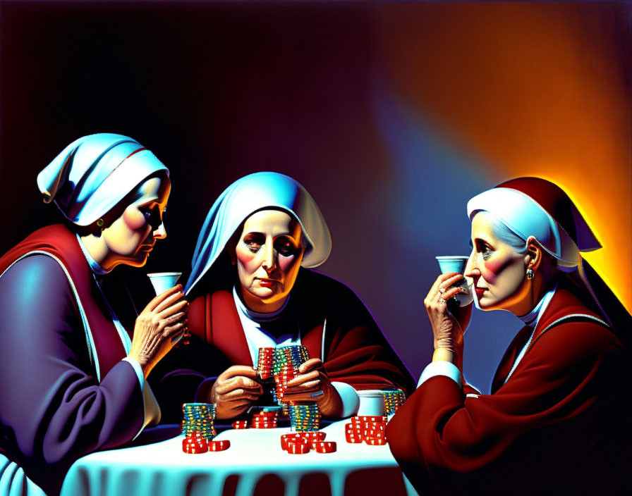 Three nuns playing poker with colorful chips under dramatic lighting