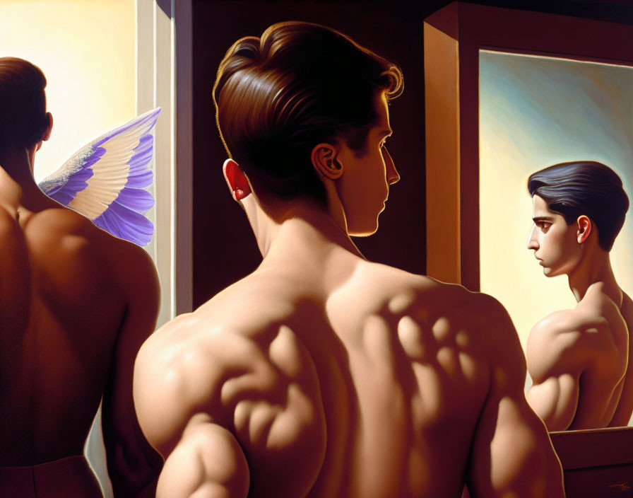 Muscular man with angel wings in mirror reflection.