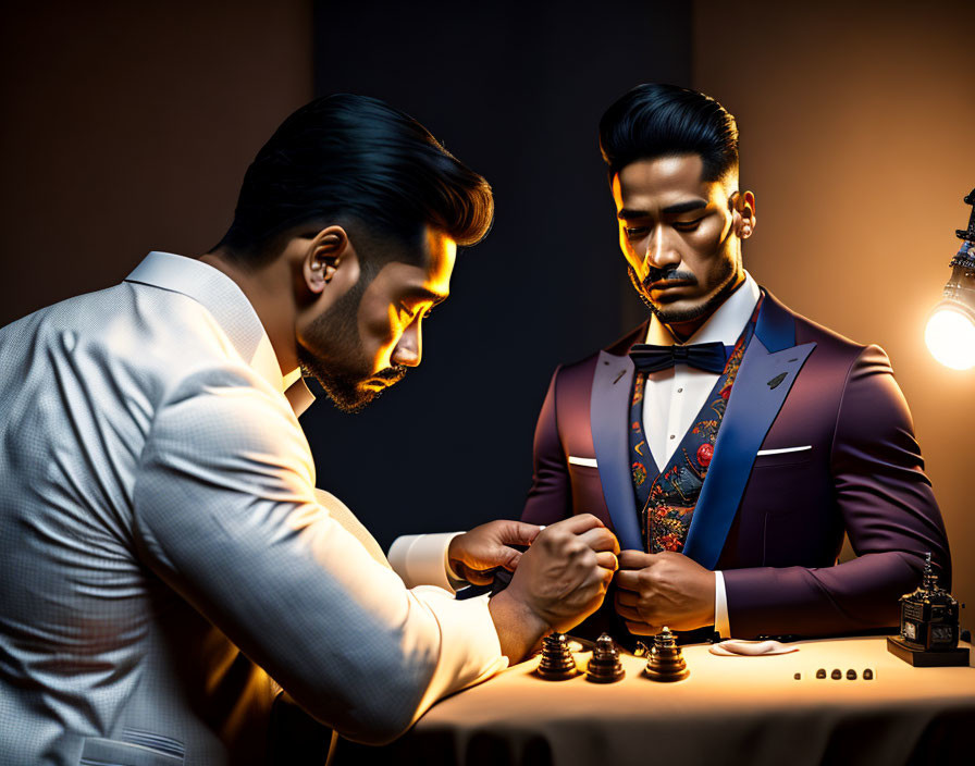 Men in formal attire arm wrestling under dramatic lighting.