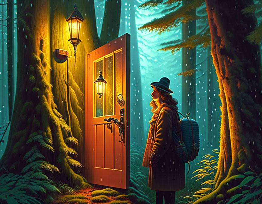 Person in hat and coat at glowing door in mystical forest