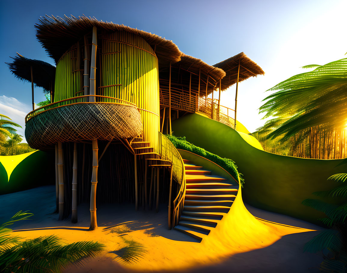 Bamboo treehouse with spiral staircase in tropical sunset