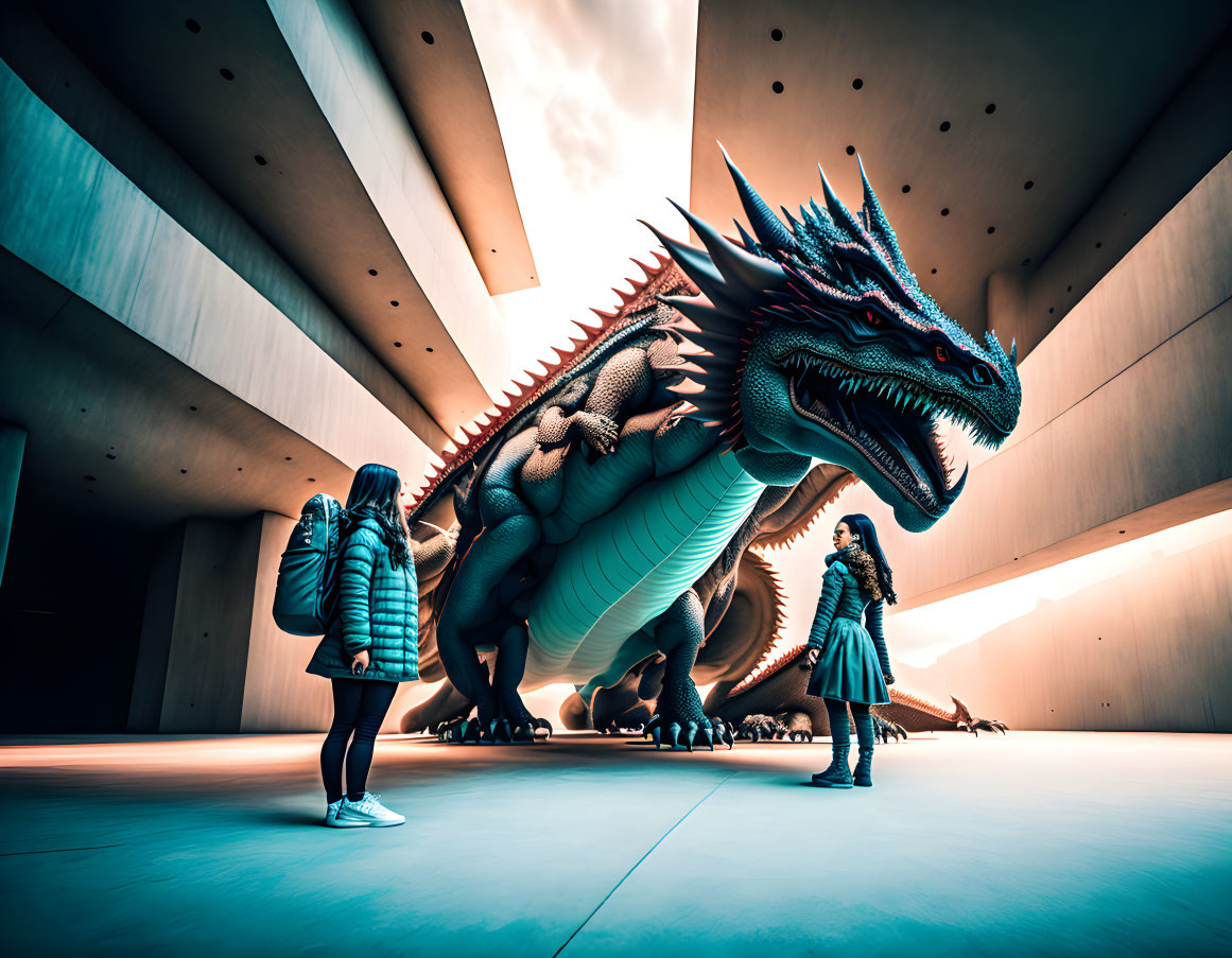 Imposing blue-accented dragon with two people in futuristic corridor